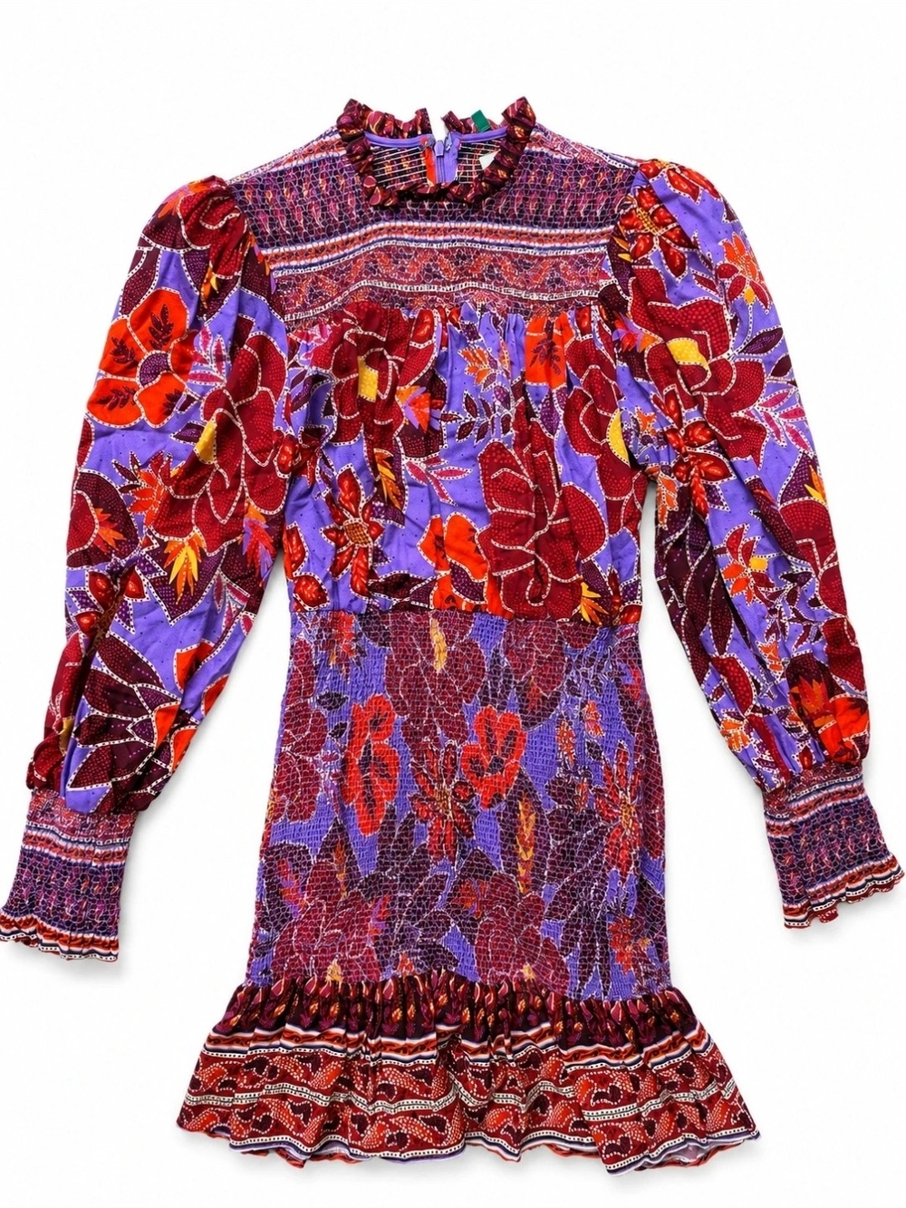 FARM Rio Purple and Red Floral Smocked Midi Dress